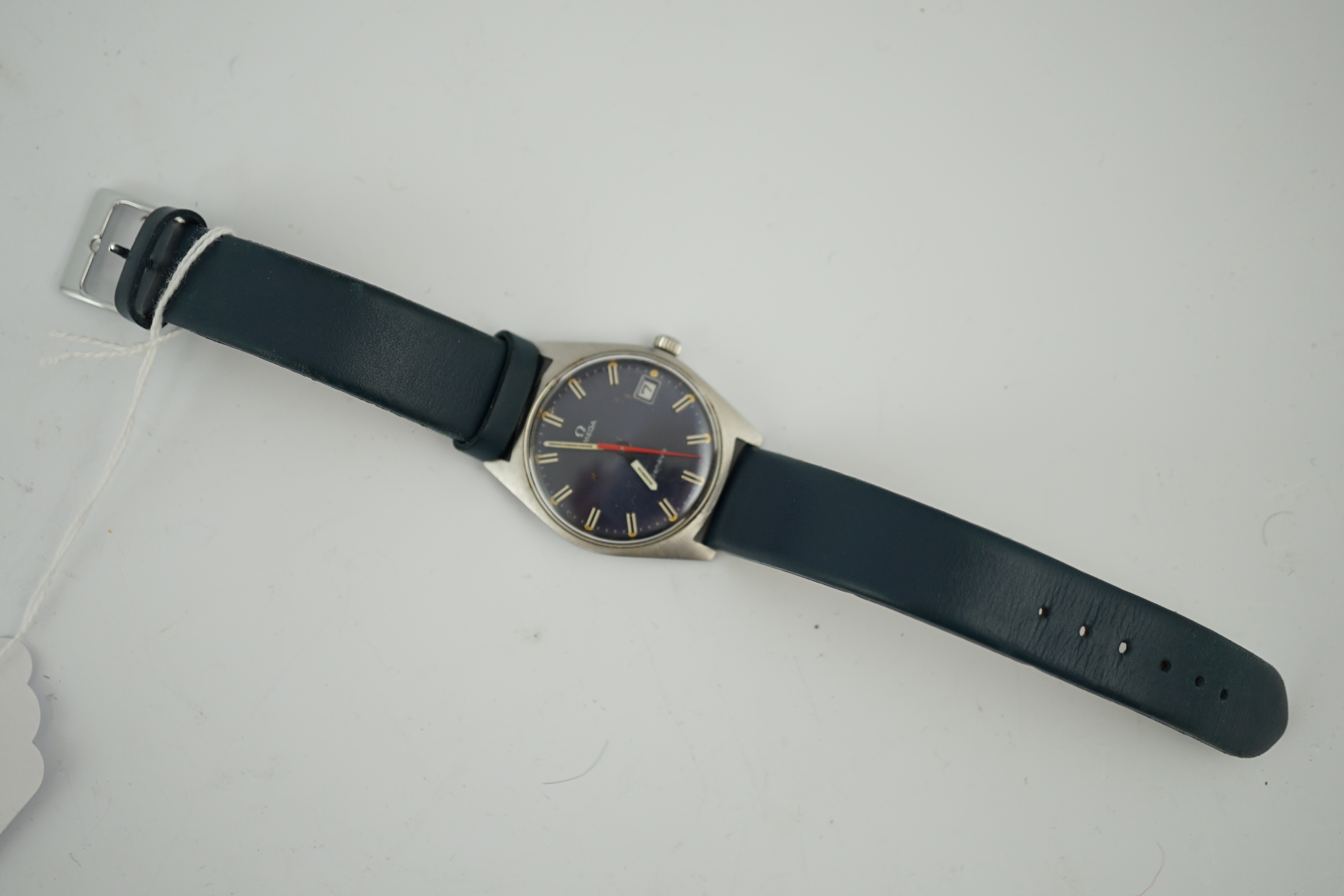 A gentleman's late 1960's stainless steel Omega manual wind wrist watch, with blue dial and red sweep seconds hand, movement c.618, on an associated strap